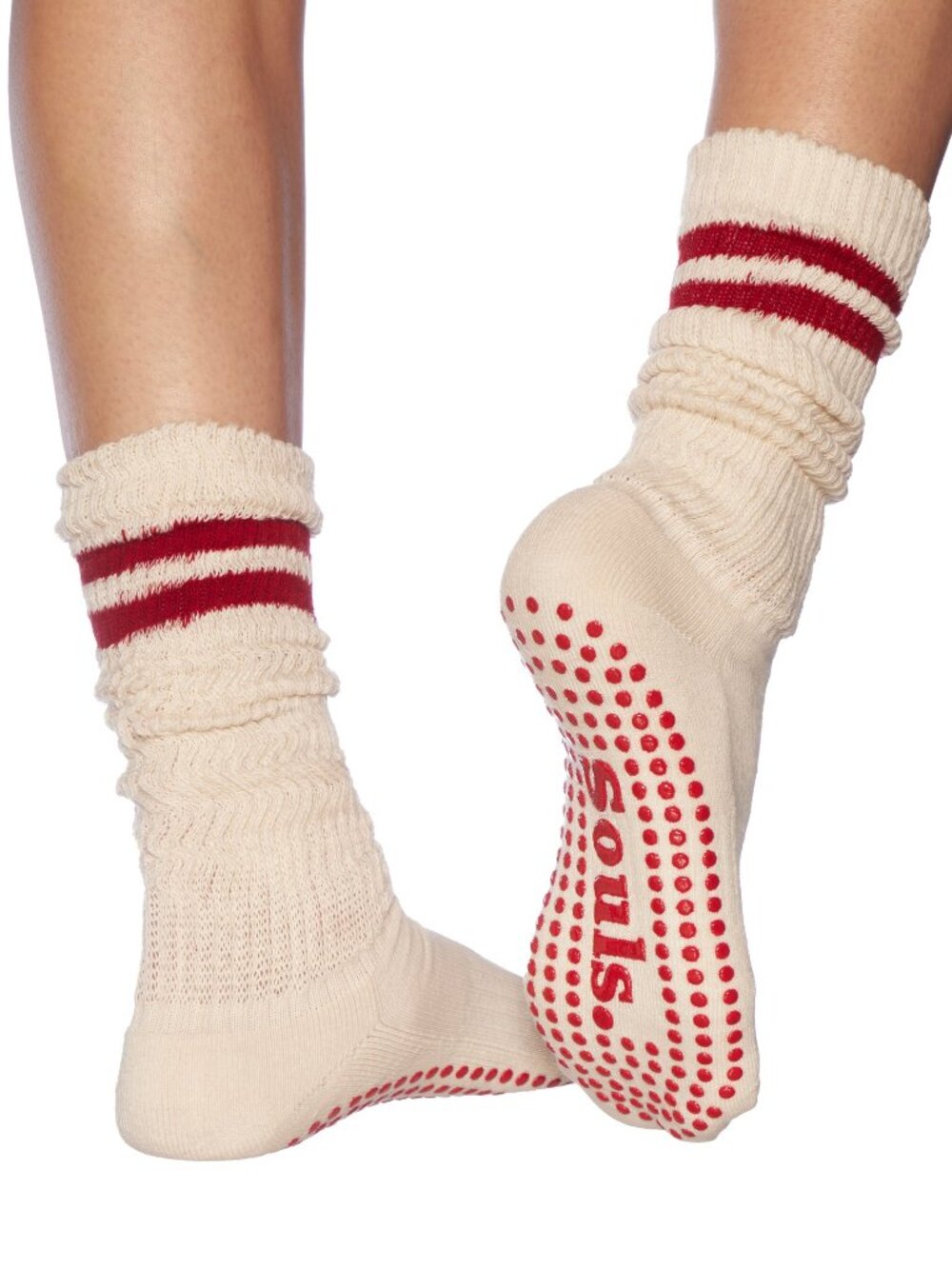 Souls LA Cloud Crew Grip Socks - cream with red stripe, sz S/M